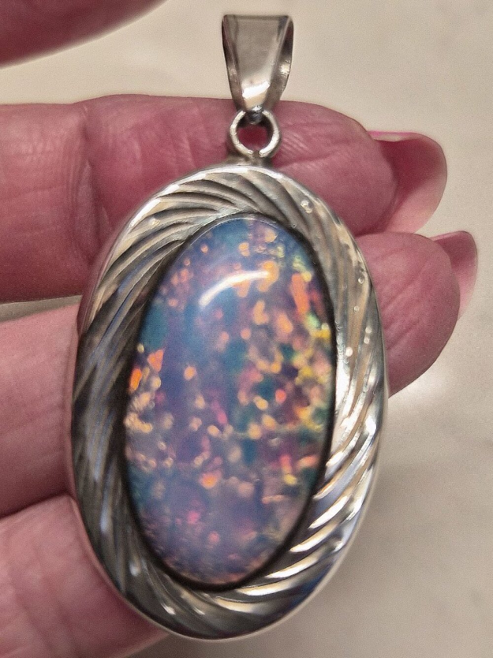 Sterling Silver 925 Mexico Opal Confetti Glass Pendant Earrings Set - Picture 2 of 5
